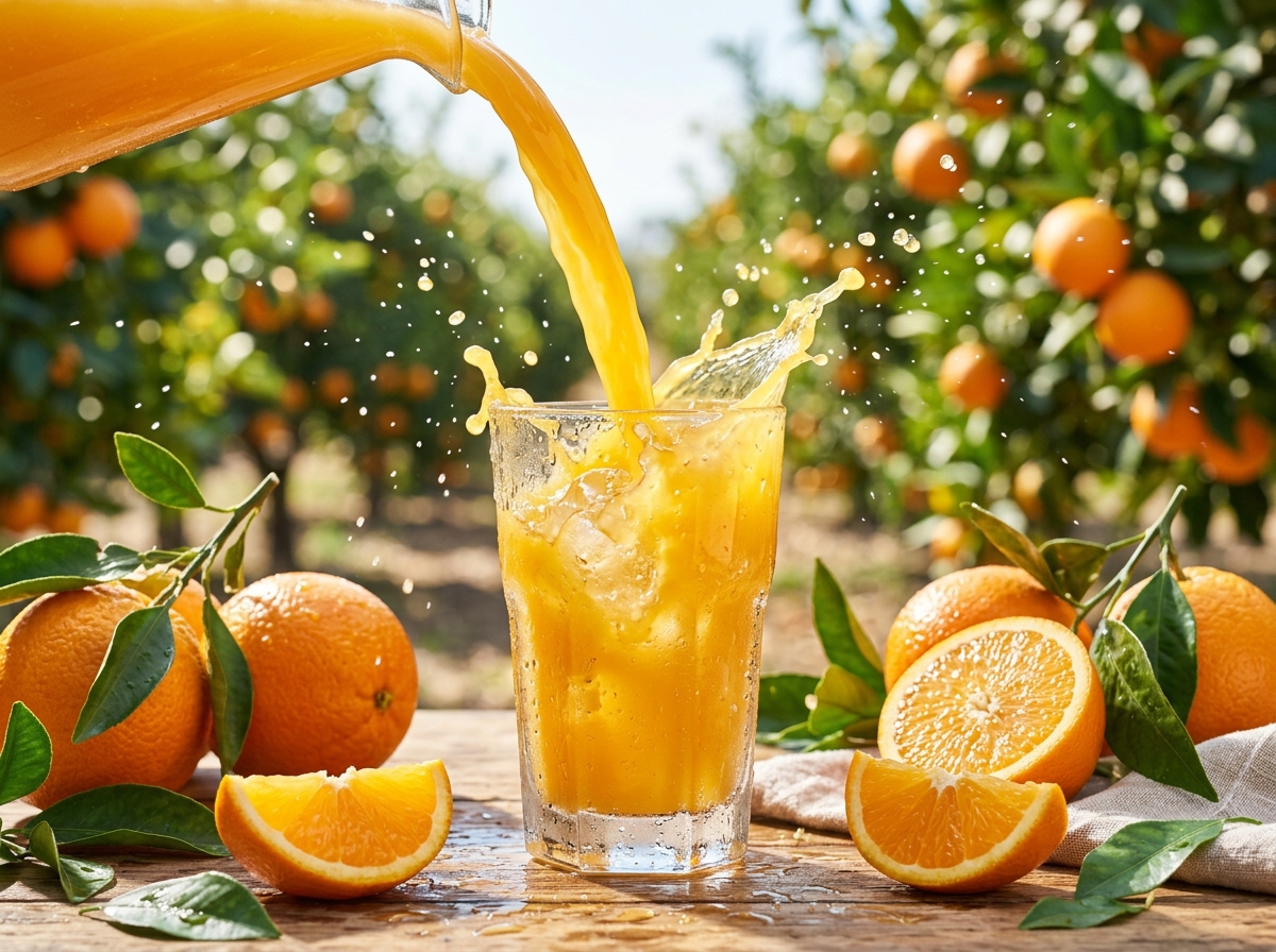 Fresh orange juice pouring into glass with orchard background and fresh fruits